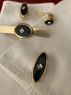 Vintage ANSON Cufflinks Black Onyx Crystal + Foster Tie Bar Tuxedo Set